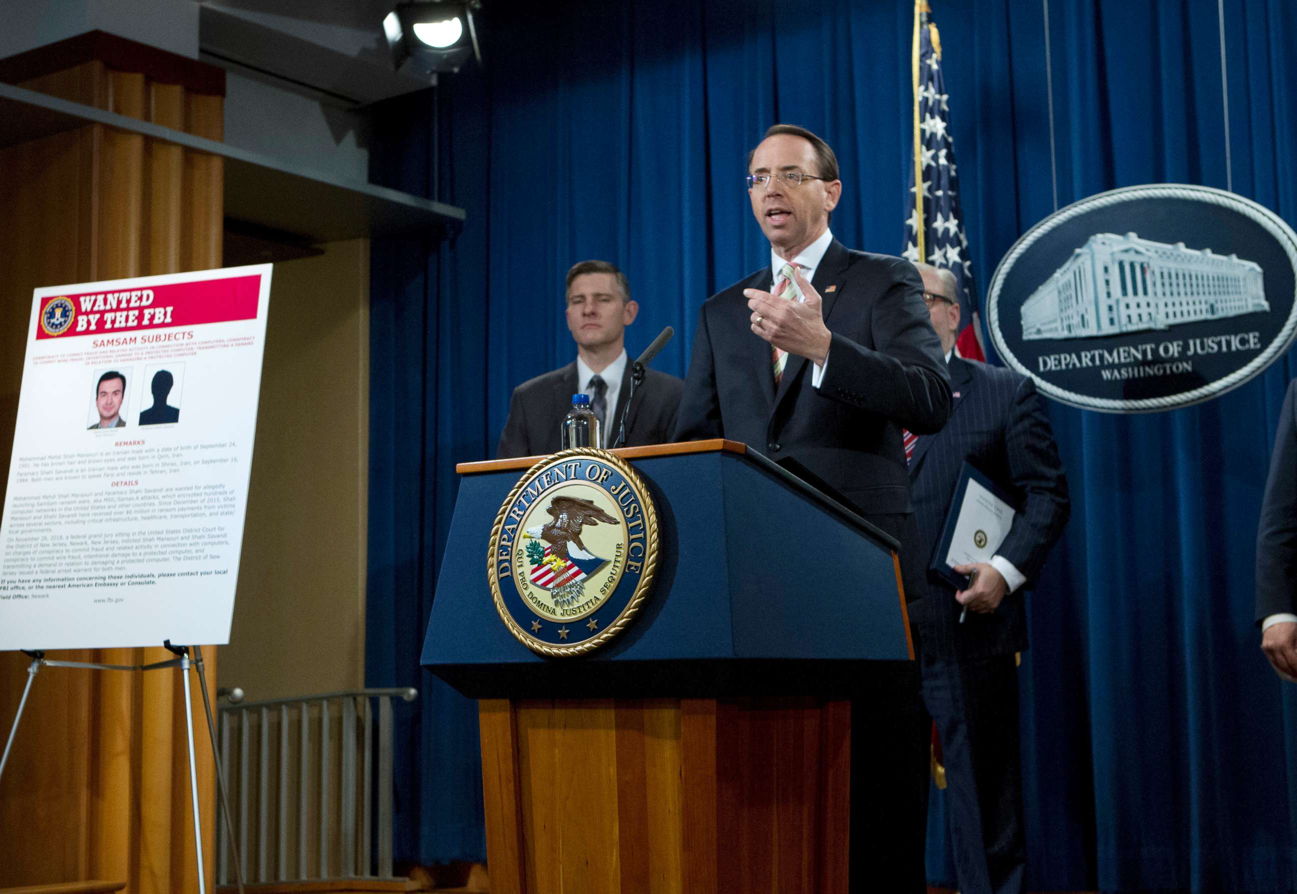 PHOTO: Deputy Attorney General Rod Rosenstein speaks during a news conference announcing the indictment against international computer hackers at the Department of Justice in Washington, Nov. 28, 2018.
