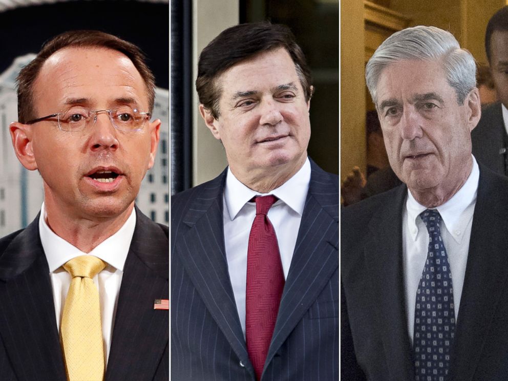 PHOTO: Deputy Attorney General Rod Rosenstein, speaks to the media, Feb. 16, 2018, in Washington. Paul Manafort walks out of the U.S. Courthouse in Washington, Nov. 6, 2017. Former FBI Director Robert Mueller departs Capitol Hill on June 21, 2017.