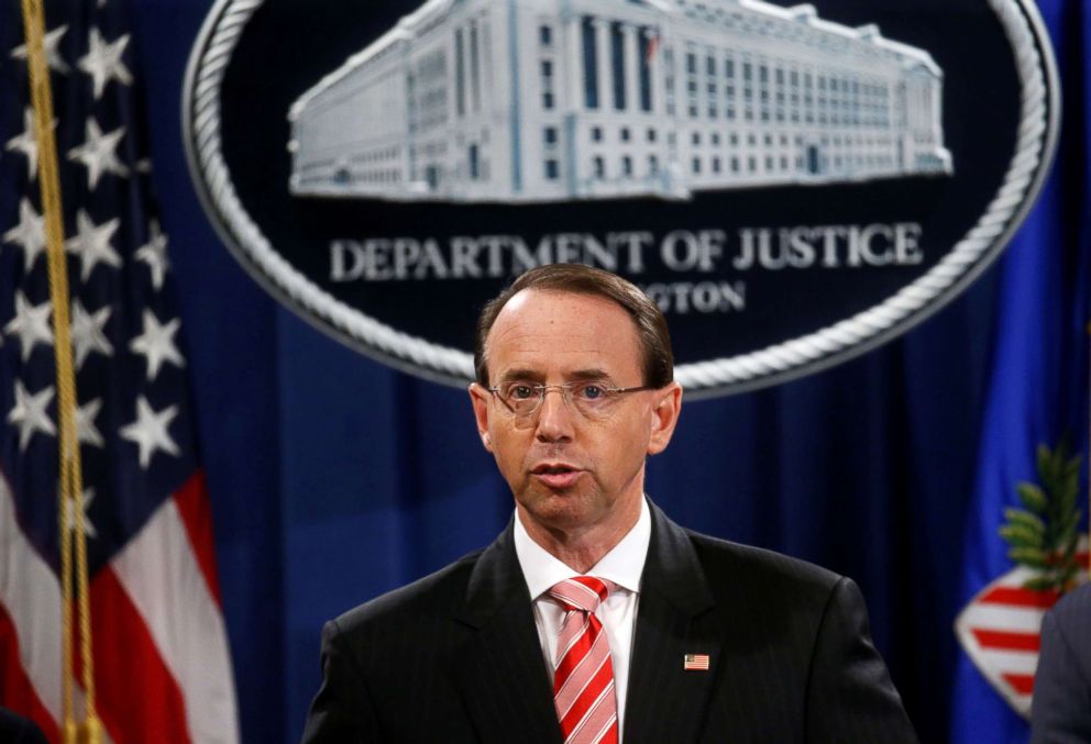 PHOTO: Deputy Attorney General Rod Rosenstein announces grand jury indictments of 12 Russian intelligence officers in Robert Muellers Russia investigation, during a news conference at the Justice Department in Washington, D.C., July 13, 2018.