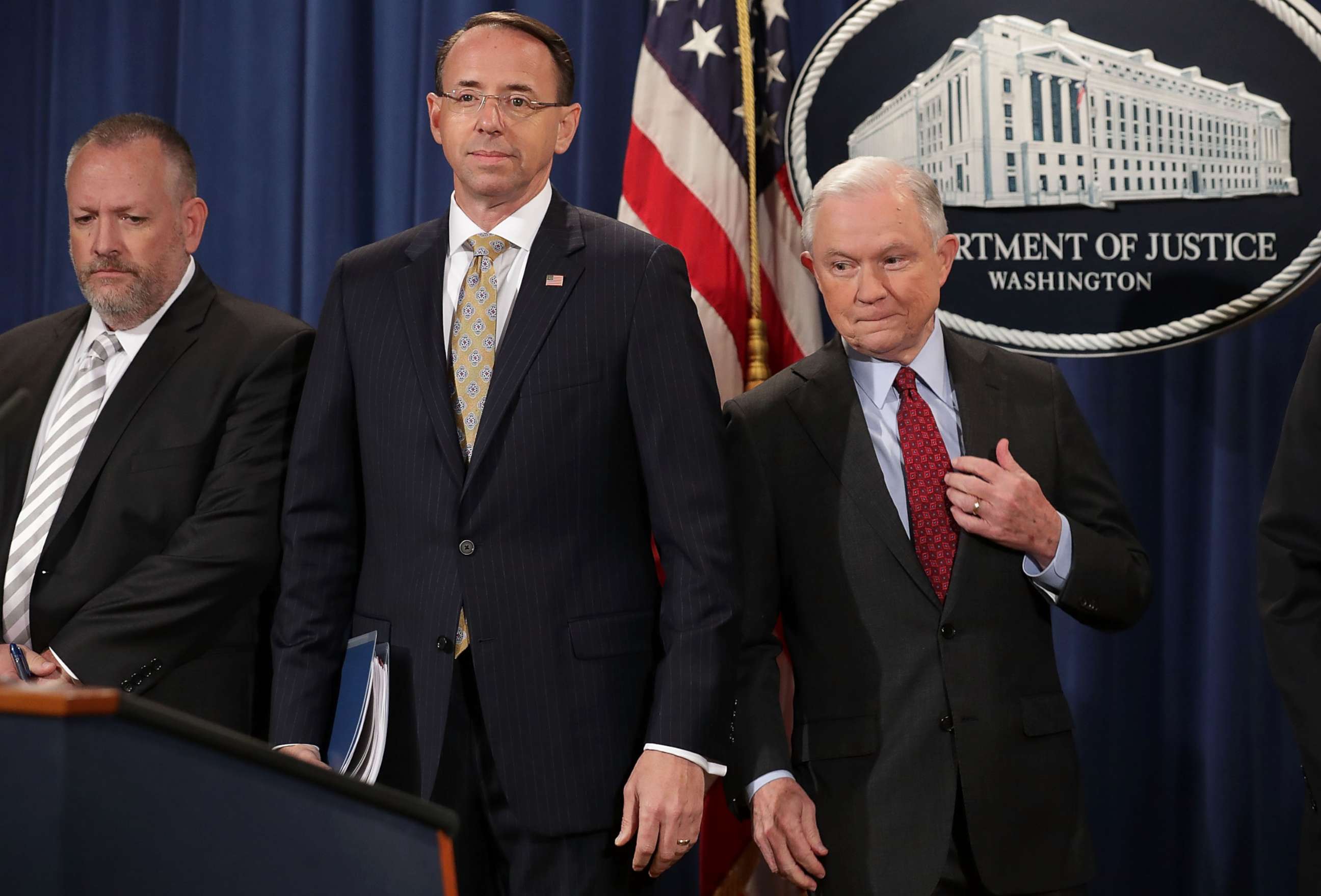 PHOTO: Attorney General Jeff Sessions, Deputy Attorney General Rod Rosenstein and other law enforcement officials hold a news conference to announce an "international cybercrime enforcement action," July 20, 2017, in Washington.   