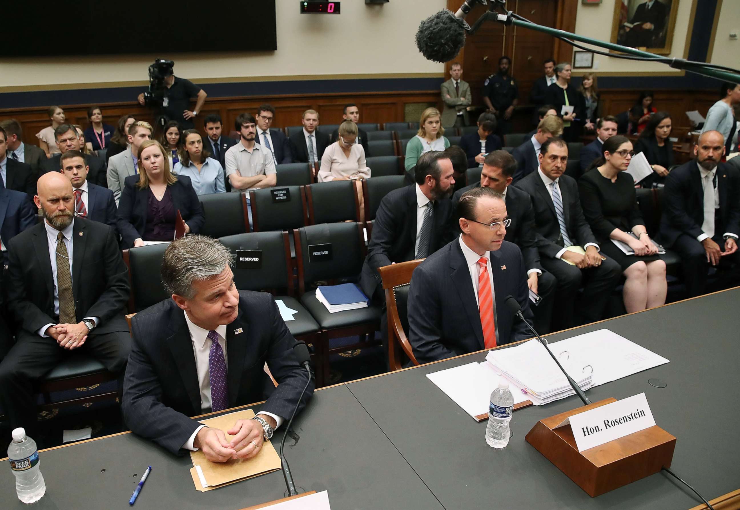 PHOTO: FBI Director Christopher Wray, left, and Deputy Attorney General Rod Rosenstein appear before the House Judiciary Committee on oversight of FBI and DOJ actions surrounding the 2016 election, June 28, 2018 in Washington, D.C.