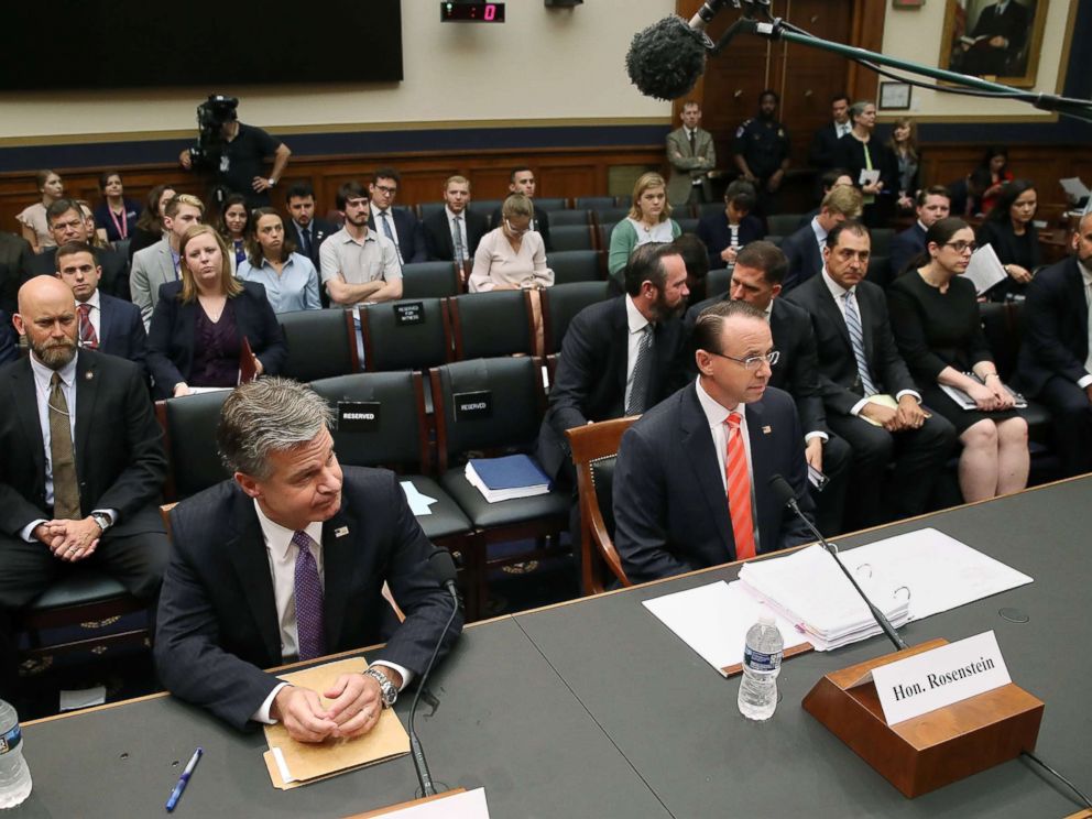 PHOTO: FBI Director Christopher Wray, left, and Deputy Attorney General Rod Rosenstein appear before the House Judiciary Committee on oversight of FBI and DOJ actions surrounding the 2016 election, June 28, 2018 in Washington, D.C.
