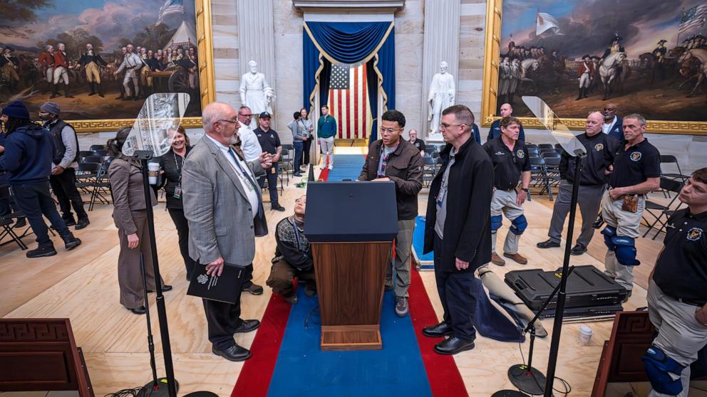 PHOTO: Organizers work to move the Inauguration Day swearing-in ceremony into the Capitol Rotunda due to expected frigid weather in Washington, D.C., Jan. 18, 2025.