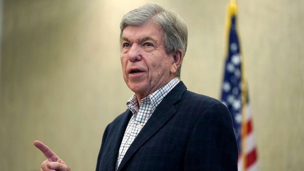 PHOTO: Sen. Roy Blunt holds a news conference at Springfield-Branson National Airport, March 8, 2021, in Springfield, Mo.