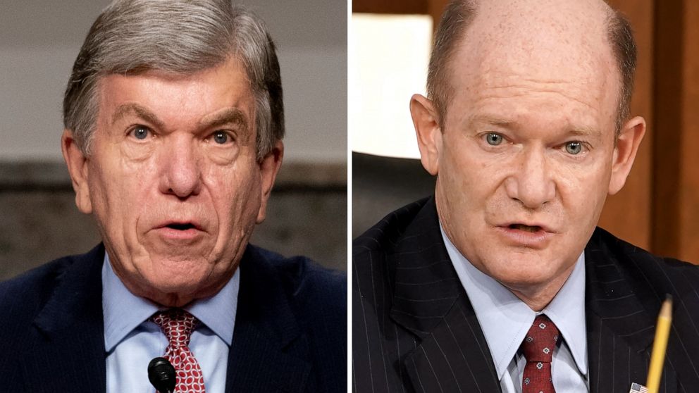 PHOTO: Sen. Roy Blunt speaks at a committee hearing in Washington, Sept. 16, 2020, and Sen. Chris Coons questions Judge Amy Coney Barrett during her confirmation hearing in Washington, Oct. 13, 2020.