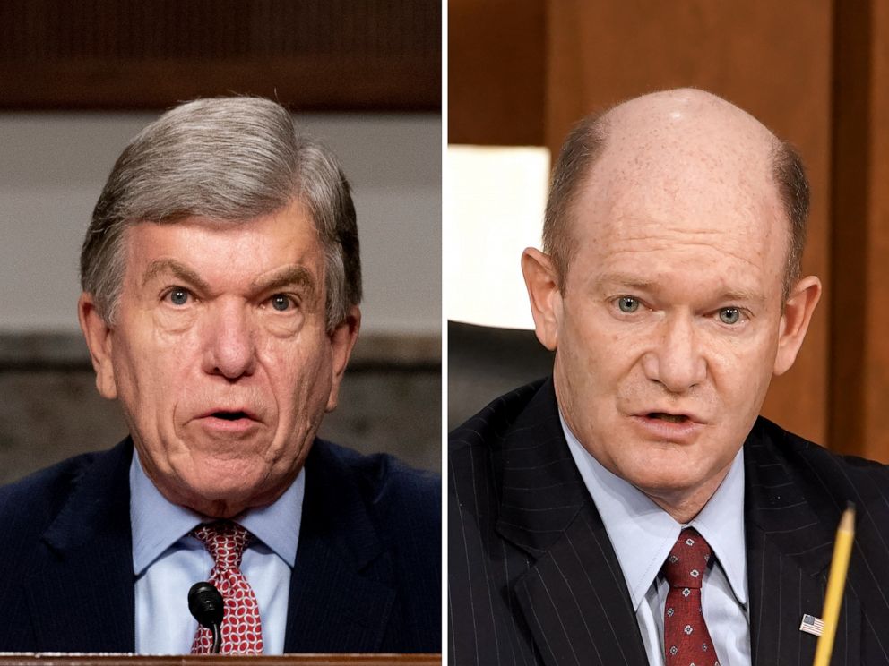PHOTO: Sen. Roy Blunt speaks at a committee hearing in Washington, Sept. 16, 2020, and Sen. Chris Coons questions Judge Amy Coney Barrett during her confirmation hearing in Washington, Oct. 13, 2020.