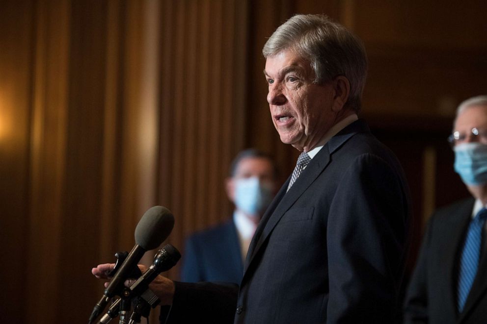 PHOTO: Sen. Roy Blunt speaks during a news conference following the weekly meeting with the Senate Republican caucus at the U.S. Capitol, Dec. 15, 2020, in Washington, DC.