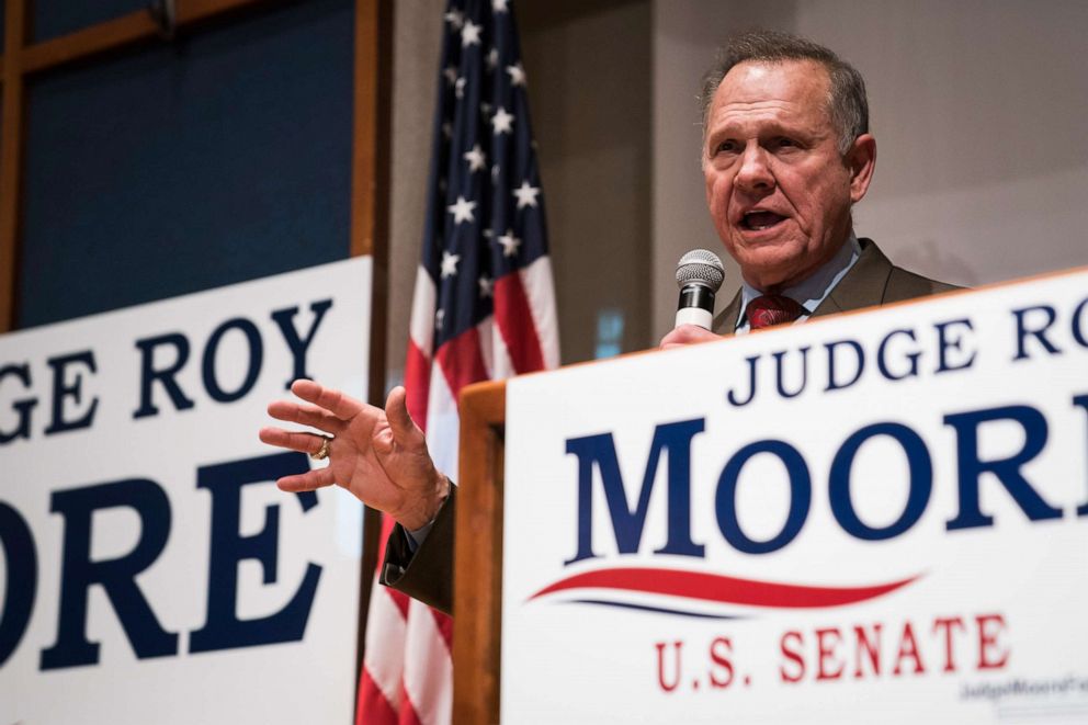 PHOTO: Republican Senate candidate Roy Moore speaks after losing, during an election-night watch party at the RSA activity center in Montgomery, Ala. on Dec. 12, 2017.