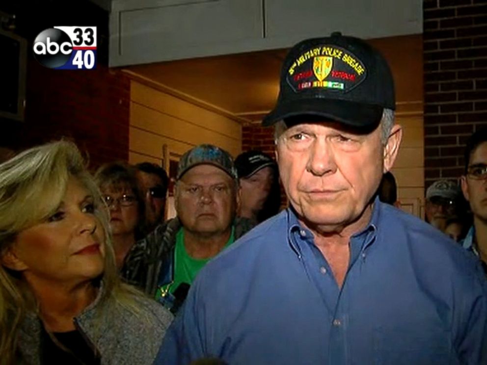 PHOTO: Former Alabama Chief Justice and U.S. Senate candidate Roy Moore makes a statement denying allegations of sexual misconduct while standing next to his wife, Kayla Moore, Nov. 13, 2017.
