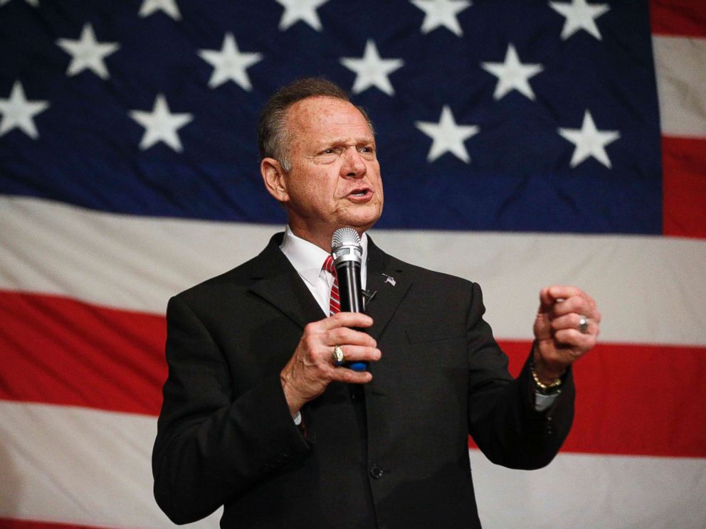 PHOTO: U.S. Senate candidate Roy Moore speaks at a campaign rally, Dec. 5, 2017, in Fairhope, Ala.
