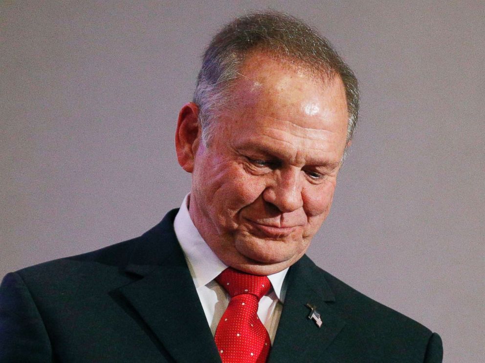 PHOTO: Former Alabama Chief Justice and U.S. Senate candidate Roy Moore pauses at a news conference, Nov. 16, 2017, in Birmingham, Ala. 