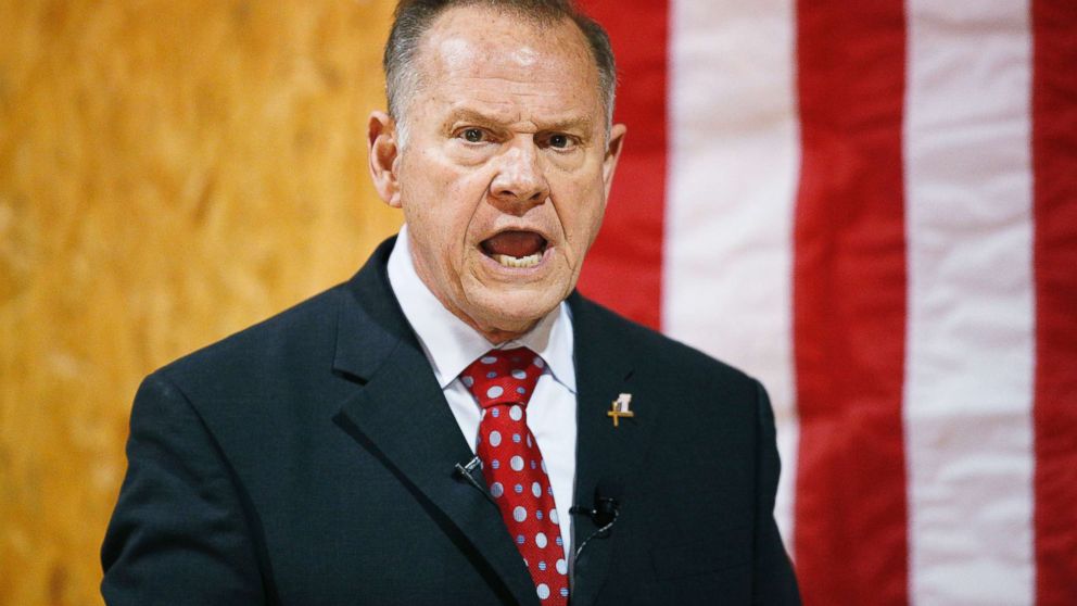 In this Nov. 30, 2017 file photo, former Alabama Chief Justice and U.S. Senate candidate Roy Moore speaks at a campaign rally, in Dora, Ala. 