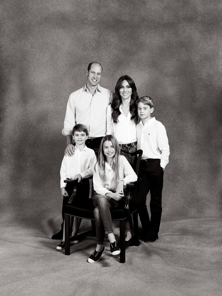 PHOTO: This undated handout photo provided by Kensington Palace show Britain's Prince William and Kate, Princess of Wales with Prince George, Princess Charlotte and Prince Louis, in a photograph that features on the family's 2023 Christmas card. 