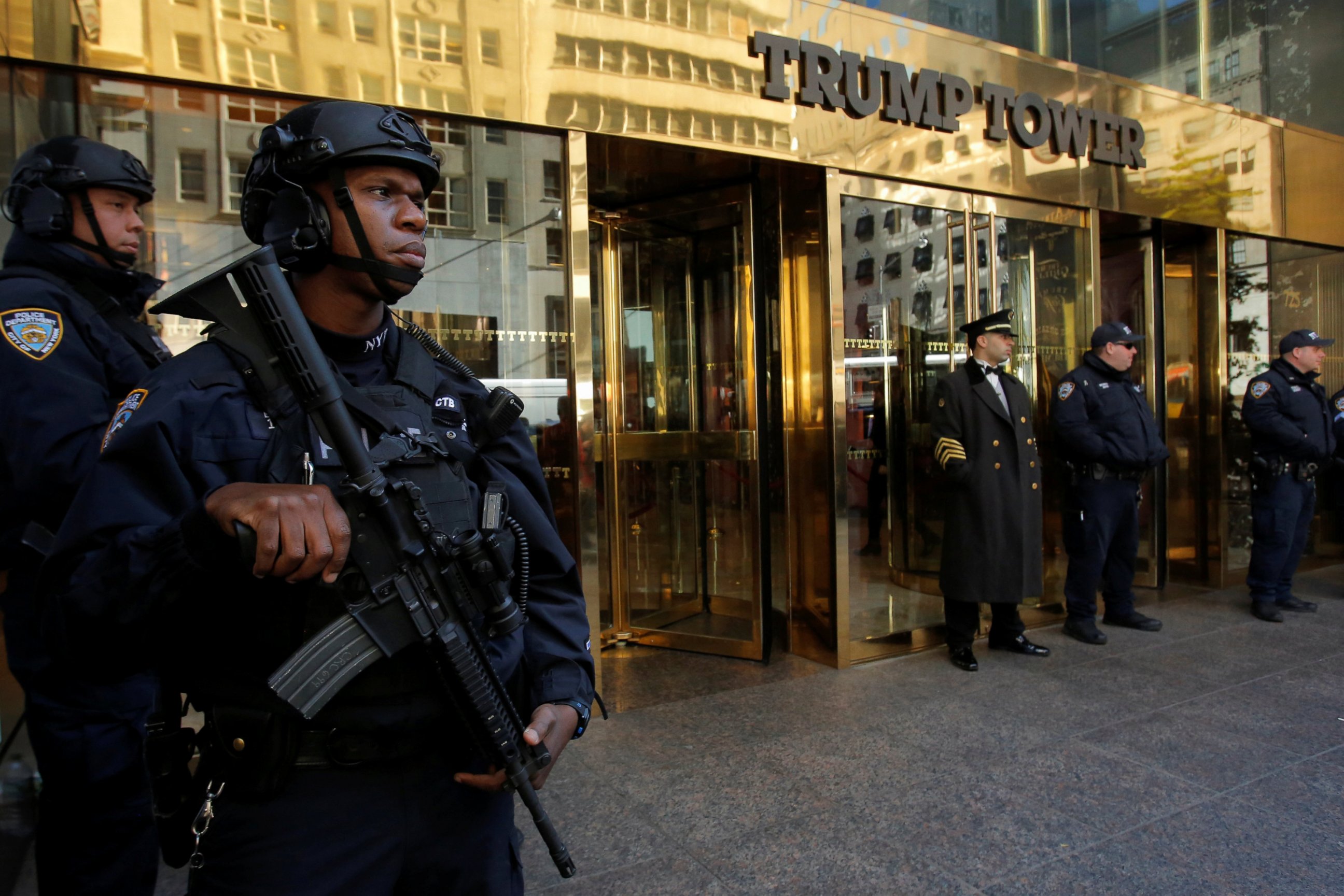 PHOTO: Members of the New York Police Department's Counterterrorism Bureau stand watch outside U.S. Republican presidential nominee Donald Trump's Trump Tower ahead of the U.S. presidential election in Manhattan, New York, U.S., Nov. 7, 2016. 