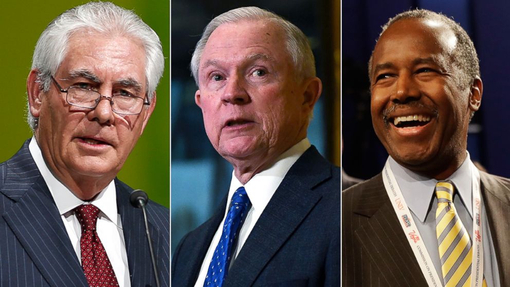 Rex Tillerson speaks during the 26th World Gas Conference in Paris, June 2, 2015.Jeff Sessions talks to the media at the Trump Tower in New York, Nov. 17, 2016. Ben Carson waits for the the third debate between Democratic presidential nominee Hillary Clinton and Republican presidential nominee Donald Trump in Las Vegas,Oct. 19, 2016.