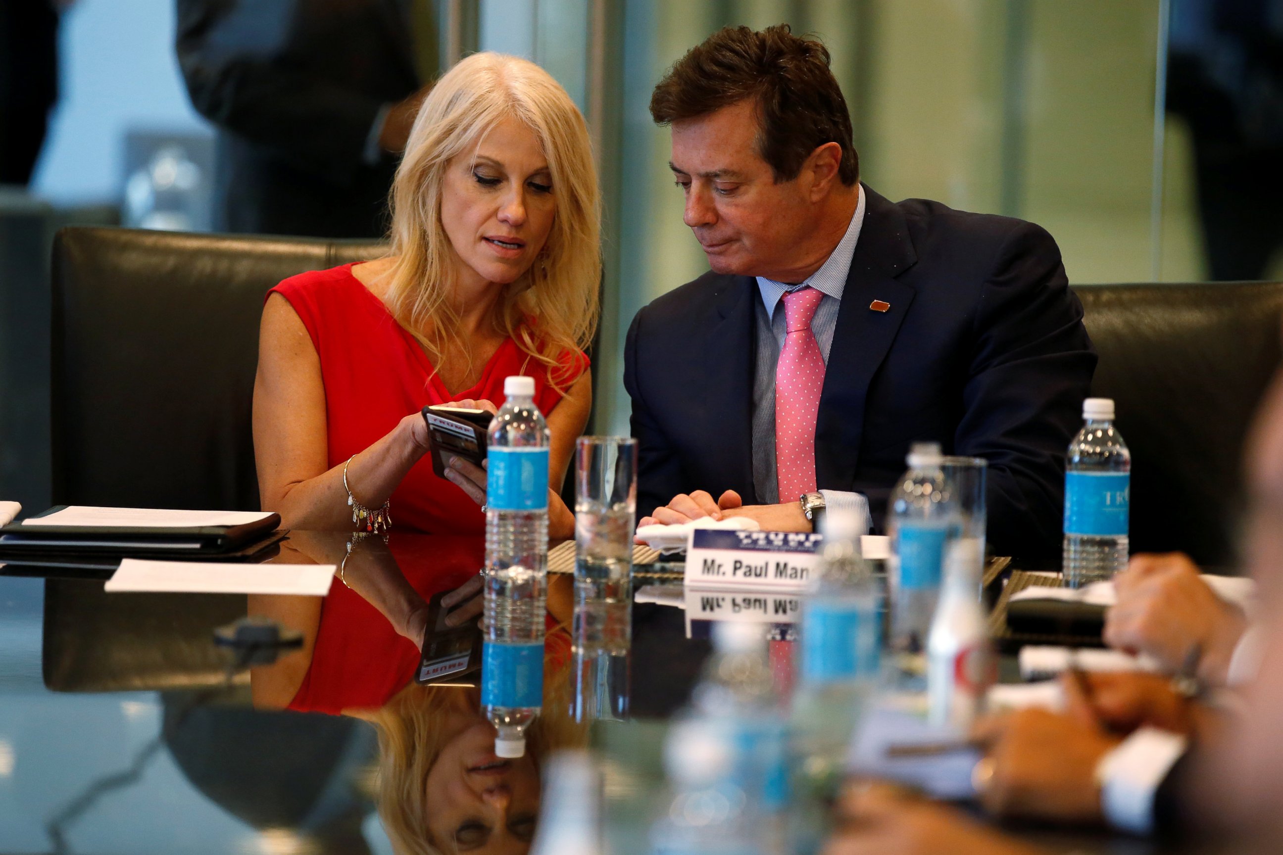 PHOTO: Kellyanne Conway and Paul Manafort speak during a round table discussion on security at Trump Tower in New York, Aug. 17, 2016. 