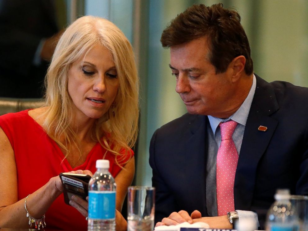 PHOTO: Kellyanne Conway and Paul Manafort speak during a round table discussion on security at Trump Tower in New York, Aug. 17, 2016.