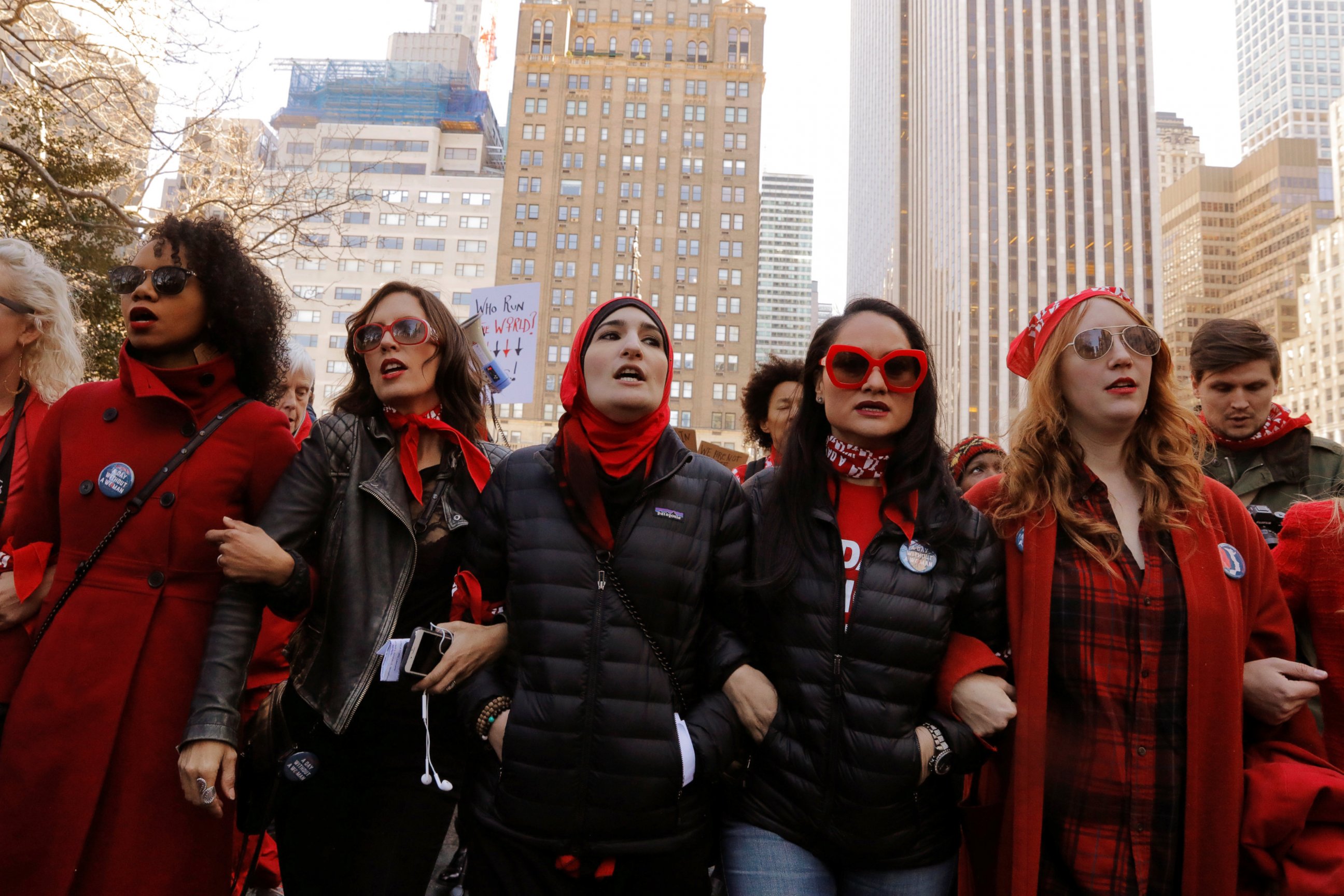 PHOTO: Organizers lead a march during a "Day Without a Woman" march on International Women's Day in New York, March 8, 2017.  