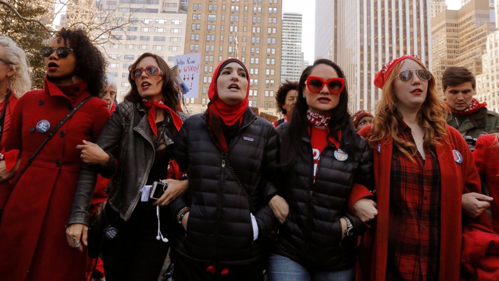 PHOTO: Organizers lead a march during a "Day Without a Woman" march on International Women's Day in New York, March 8, 2017.  