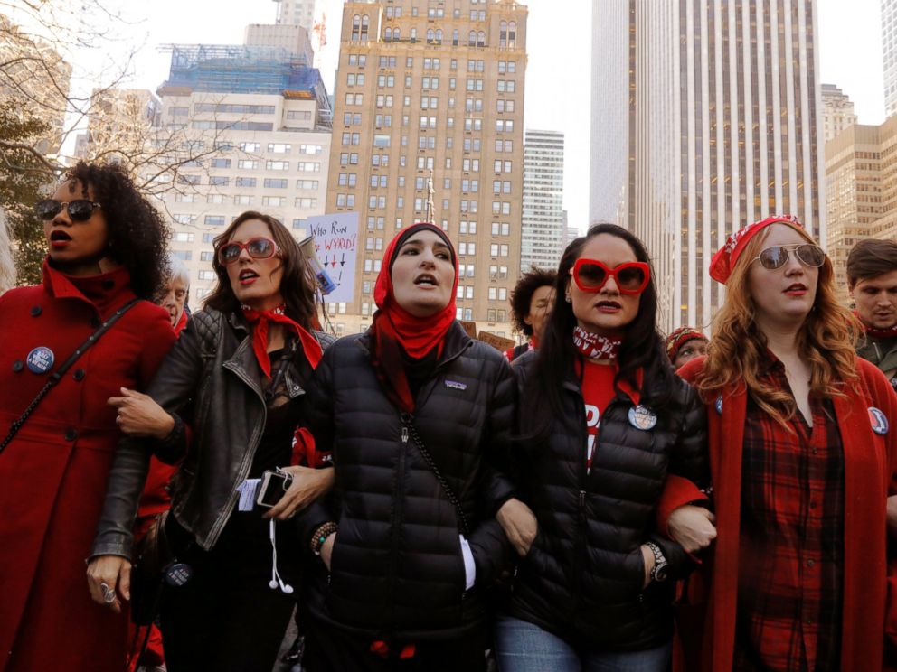 PHOTO: Organizers lead a march during a Day Without a Woman march on International Womens Day in New York, March 8, 2017.