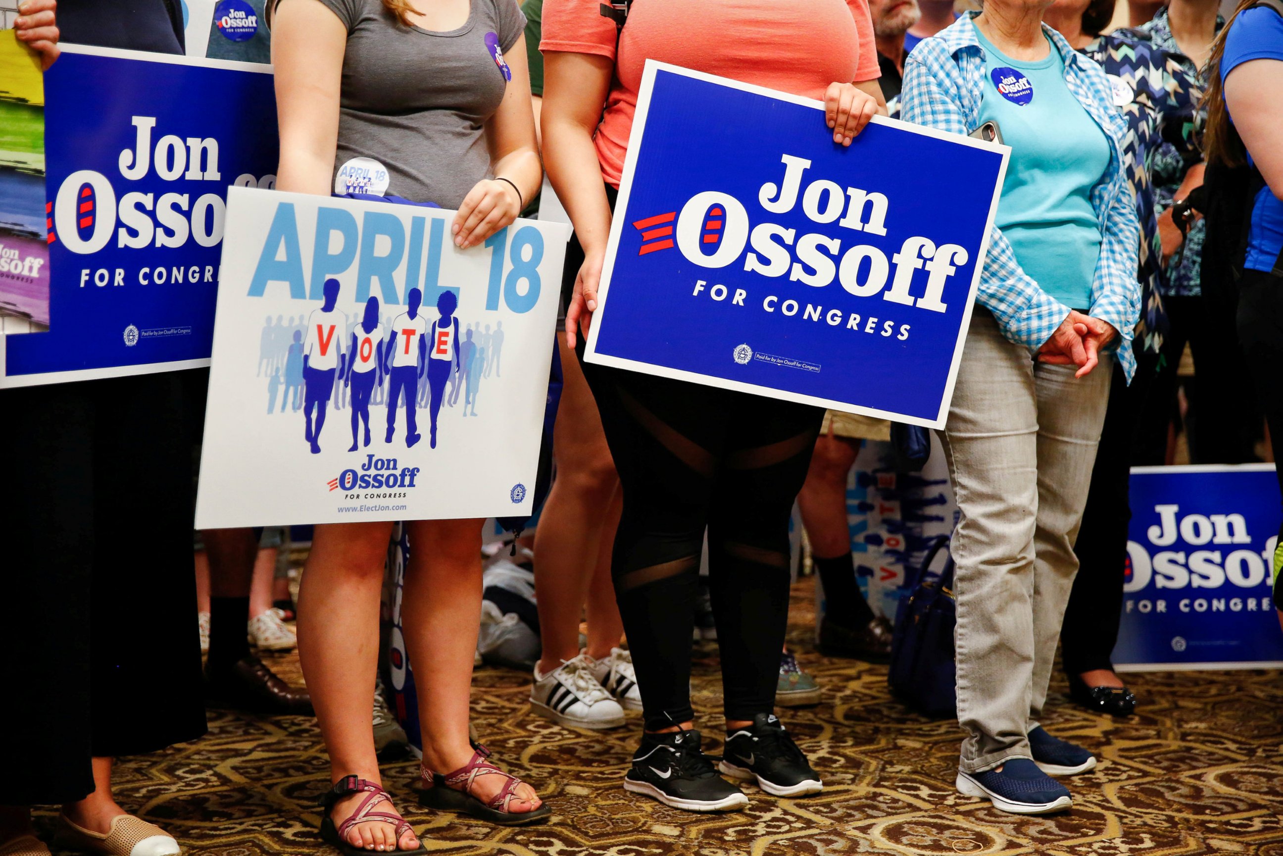 PHOTO: Supporters of Democratic candidate Jon Ossoff, running for Georgia's 6th Congressional District, listen as he speaks during an election eve rally at Andretti Indoor Karting and Games in Roswell, Georgia, April 17, 2017. 