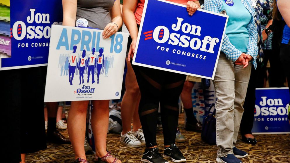 PHOTO: Supporters of Democratic candidate Jon Ossoff, running for Georgia's 6th Congressional District, listen as he speaks during an election eve rally at Andretti Indoor Karting and Games in Roswell, Georgia, April 17, 2017. 