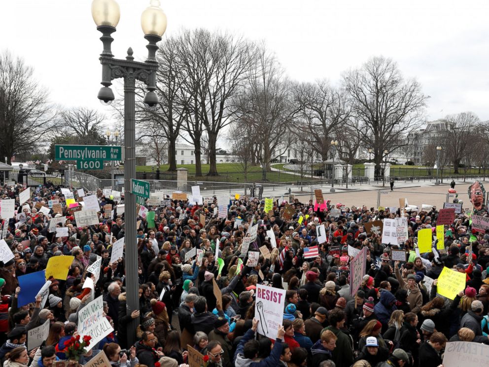 PHOTO: Activists gather outside the White House to protest President Donald Trumps executive actions on immigration, in Washington, Jan. 29, 2017.
