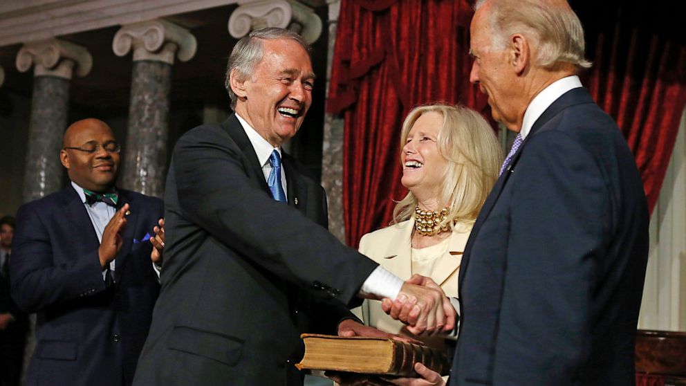 Vice President Joe Biden, right, and Sen. Ed Markey, D-Mass., shake hands after a ceremonial swearing-in on Capitol Hill in Washington, July 16, 2013. Holding the Bible is Markey's wife Dr. Susan Blumenthal and looking on is former Sen. Mo Cowan whom Markey replaced.