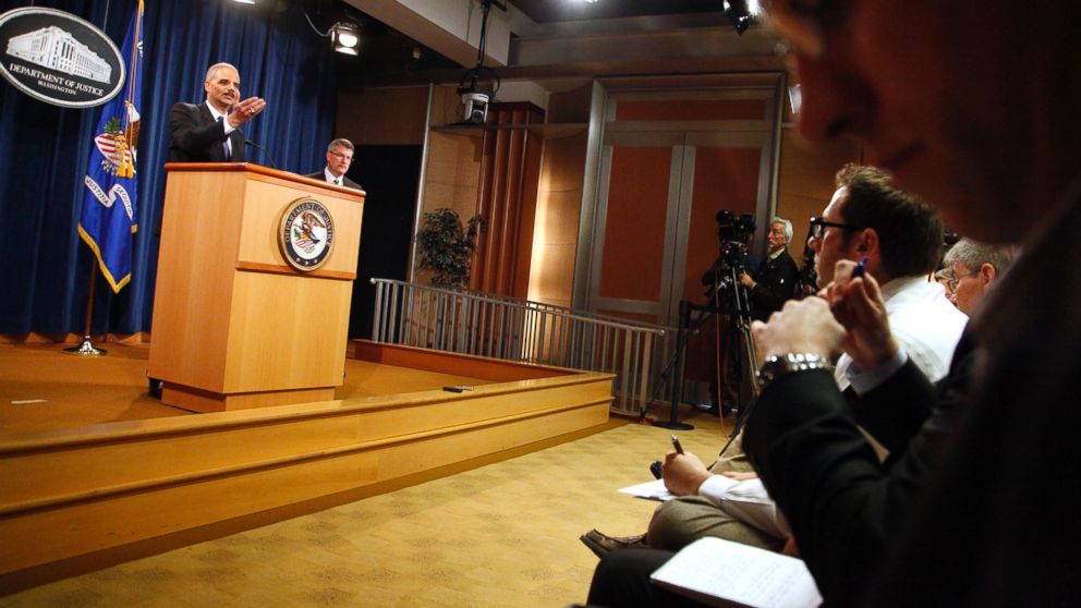 PHOTO: U.S. Attorney General Eric Holder addresses reporters at a news conference at the Justice Department in Washington, D.C. on May 14, 2013.