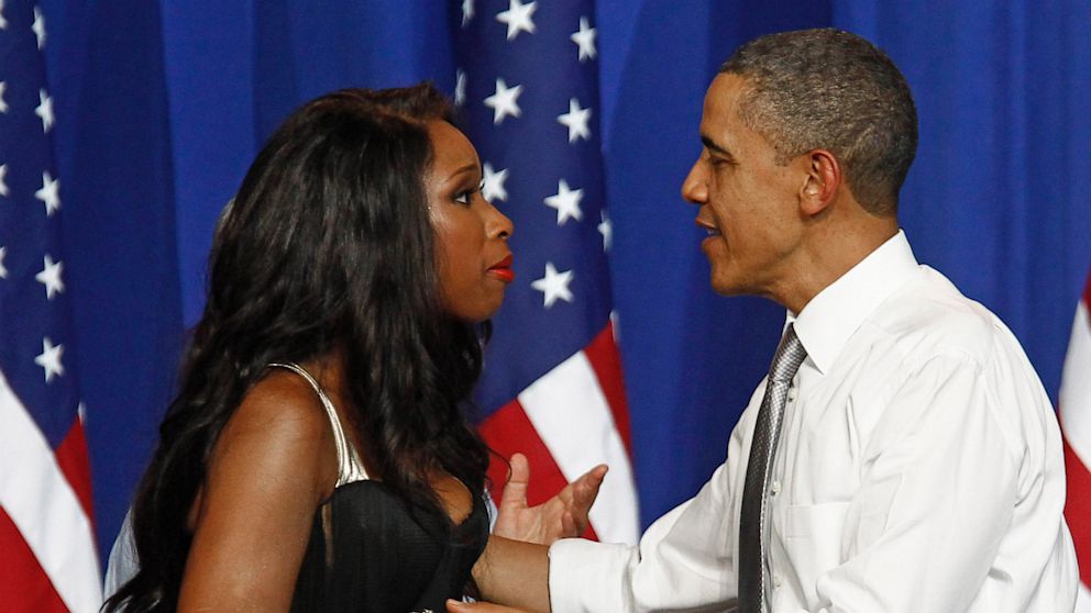 President Obama is greeted by singer Jennifer Hudson at a Democratic National Committee event at the Aragon Entertainment Center in Chicago, in this Aug. 3, 2011, photo.