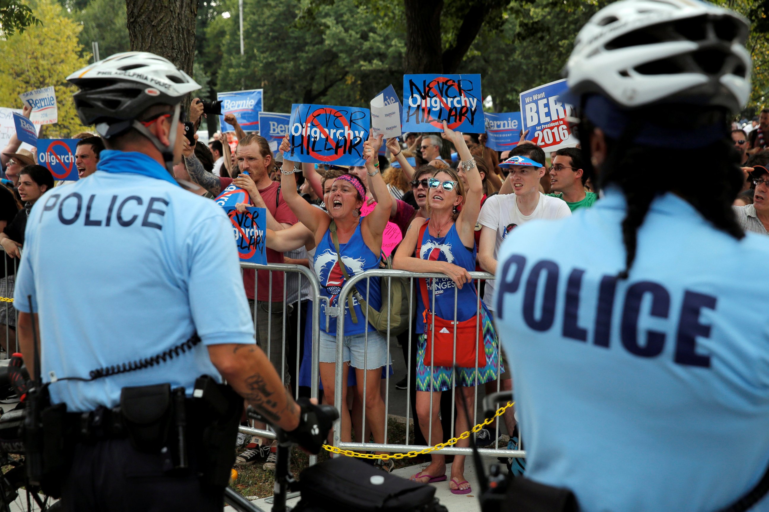 PHOTO: Bernie Sanders supporters yell across a police line during a protest at the Democratic National Convention in Philadelphia, July 25, 2016. 