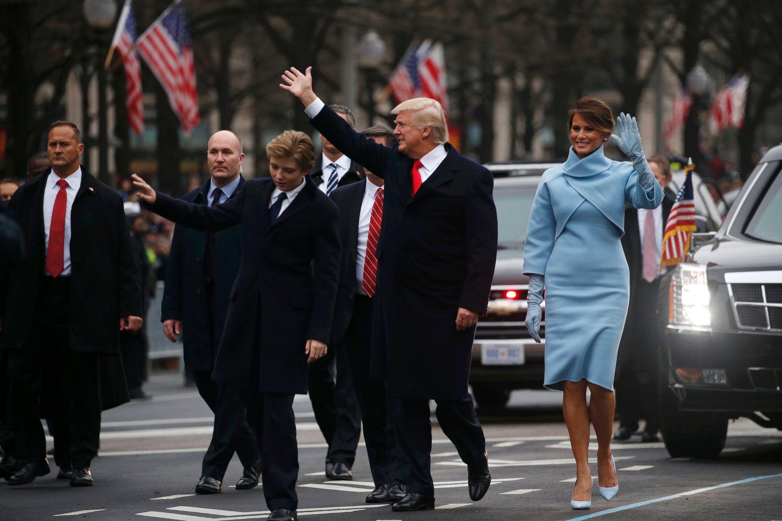 PHOTO: President Donald Trump and First Lady Melania Trump walk along Pennsylvania Avenue during the inaugural parade from the U.S. Capitol in Washington, Jan. 20, 2017.