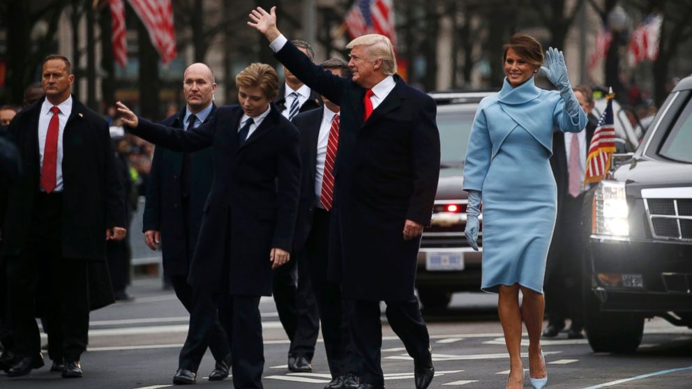 PHOTO: President Donald Trump and First Lady Melania Trump walk along Pennsylvania Avenue during the inaugural parade from the U.S. Capitol in Washington, Jan. 20, 2017.