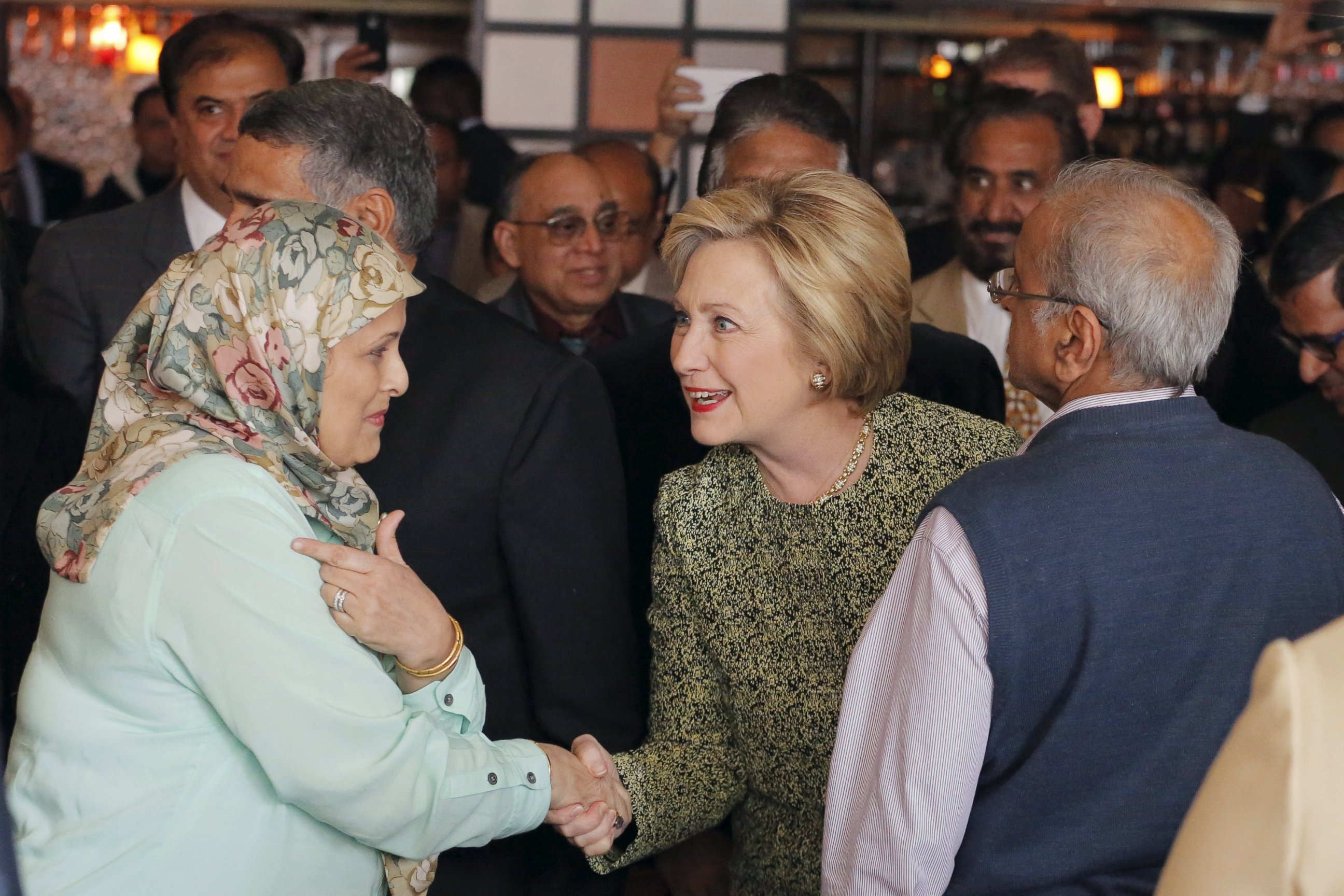 PHOTO: Presidential candidate Hillary Clinton greets a community leader during a visit to the Jackson Diner in the Queens borough of New York April 11, 2016.