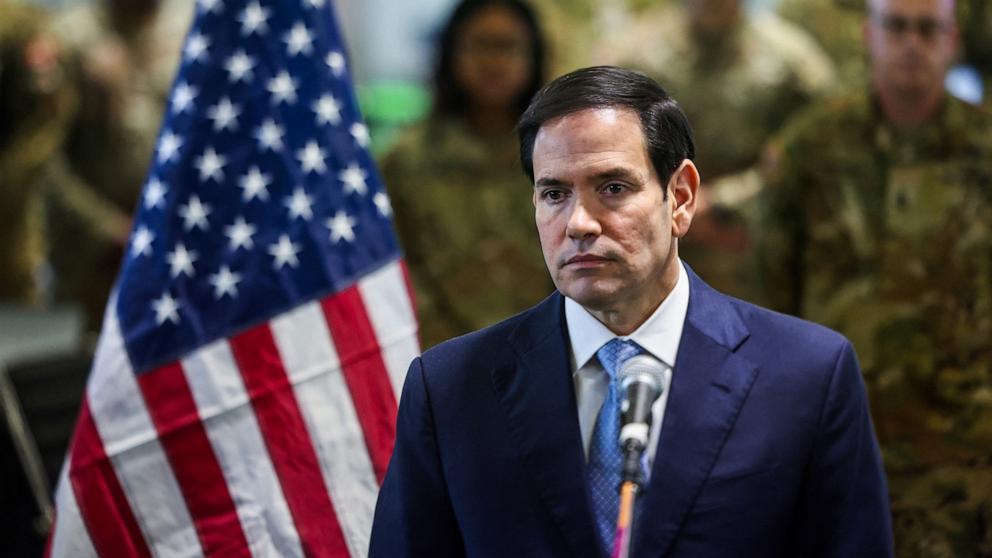 PHOTO: Secretary of State Marco Rubio speaks to the media after visiting the Civil-Military Coordination Center in southern Israel on October 24, 2025.