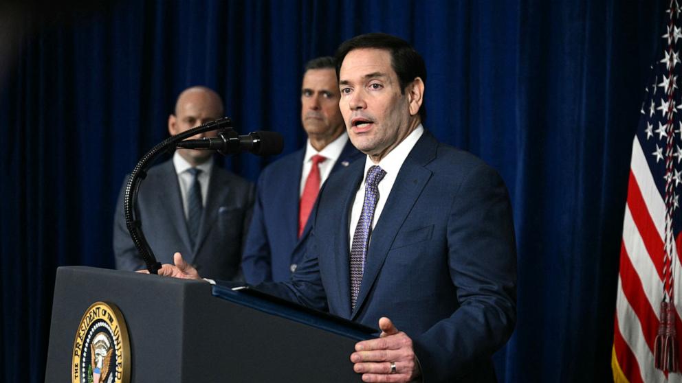 PHOTO: Secretary of State Marco Rubio speaks to the press, following US military actions in Venezuela, at Mar-a-Lago in Palm Beach, Florida, on Jan. 3, 2026. 