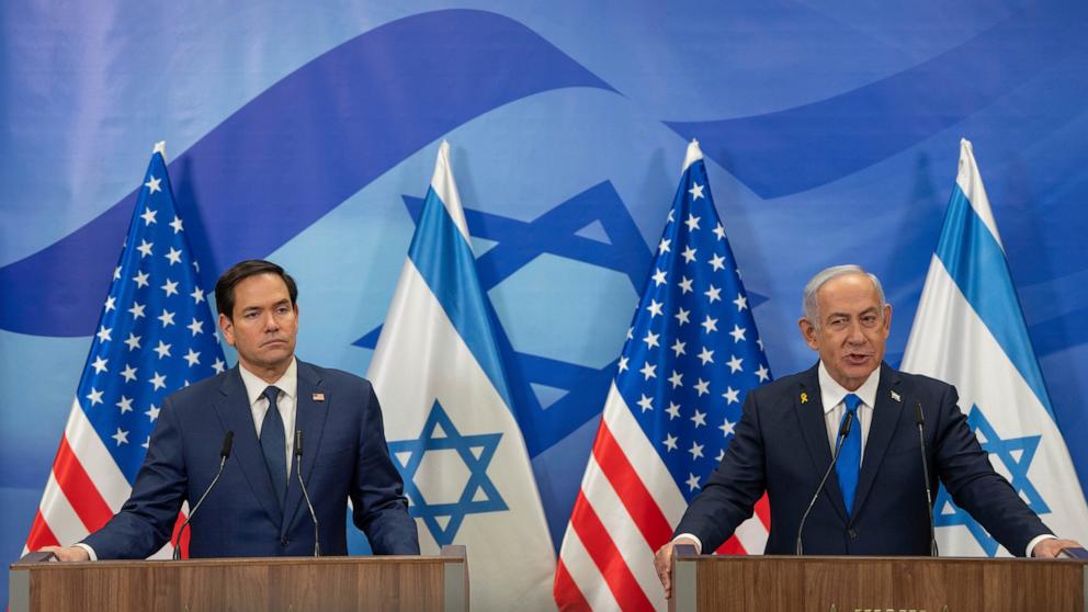 PHOTO: U.S. Secretary of State Marco Rubio, left, and Israeli Prime Minister Benjamin Netanyahu attend a news conference at the Prime Minister's office in Jerusalem, Israel, Feb. 16, 2025.