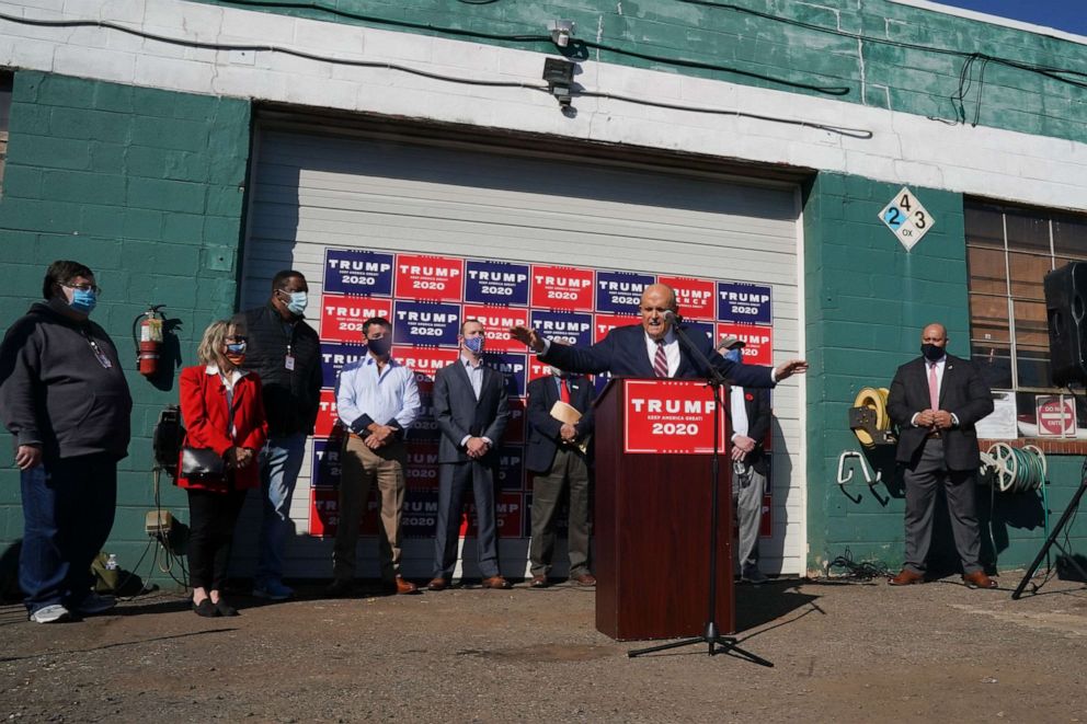PHOTO: In this file photo, Rudy Giuliani, attorney for President Donald Trump, speaks at a news conference in the parking lot of a landscaping company on Nov. 7, 2020, in Philadelphia.