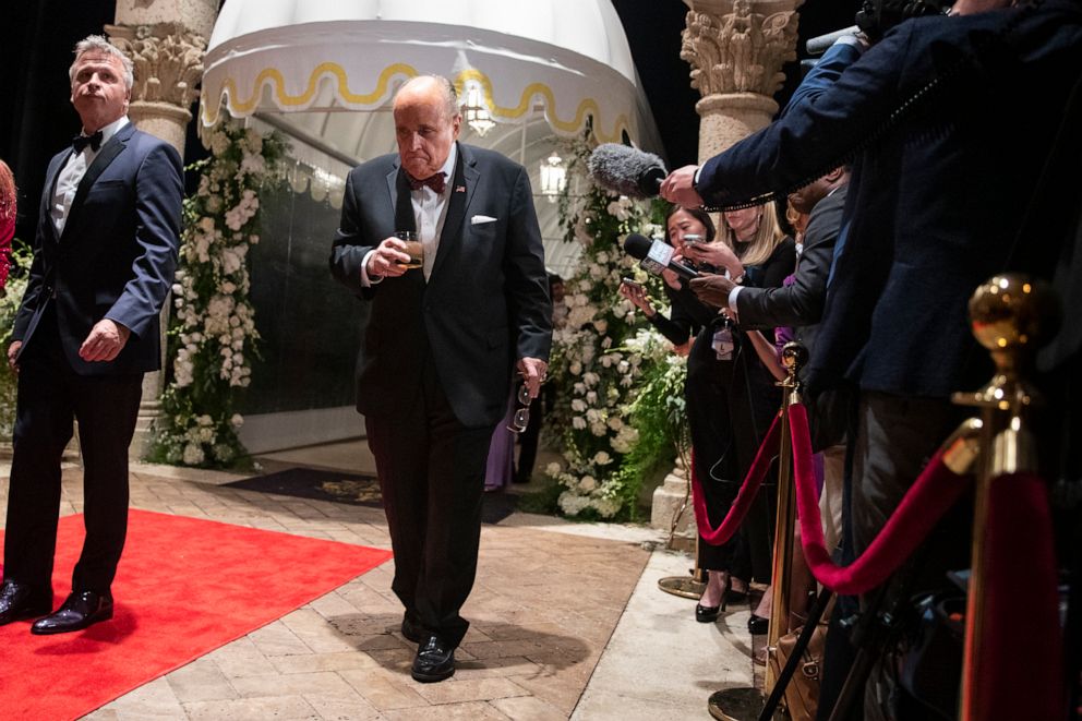 PHOTO: Former New York Mayor Rudy Giuliani, an attorney for President Donald Trump, arrives for a New Year's Eve party hosted by President Donald Trump at his Mar-a-Lago property, Dec. 31, 2019, in Palm Beach, Fla.