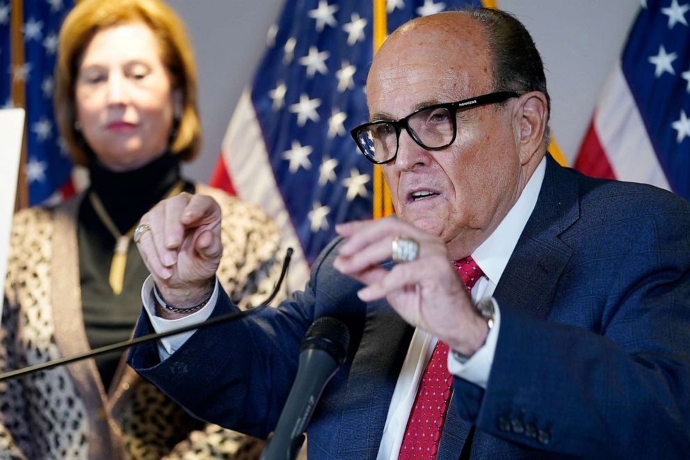 PHOTO: Former Mayor of New York Rudy Giuliani, a lawyer for President Donald Trump, speaks during a news conference at the Republican National Committee headquarters, Nov. 19, 2020, in Washington.