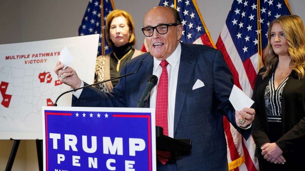 PHOTO: In this Nov. 19, 2020, file photo, former Mayor of New York Rudy Giuliani, a lawyer for President Donald Trump, speaks during a news conference at the Republican National Committee headquarters in Washington, D.C.