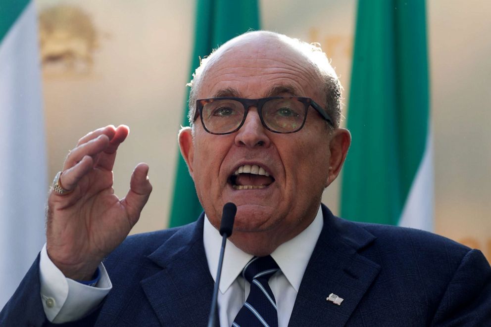 PHOTO: Former New York City Mayor Rudy Giuliani speaks during a rally to support a leadership change in Iran outside the U.N. headquarters in New York City, Sept. 24, 2019.