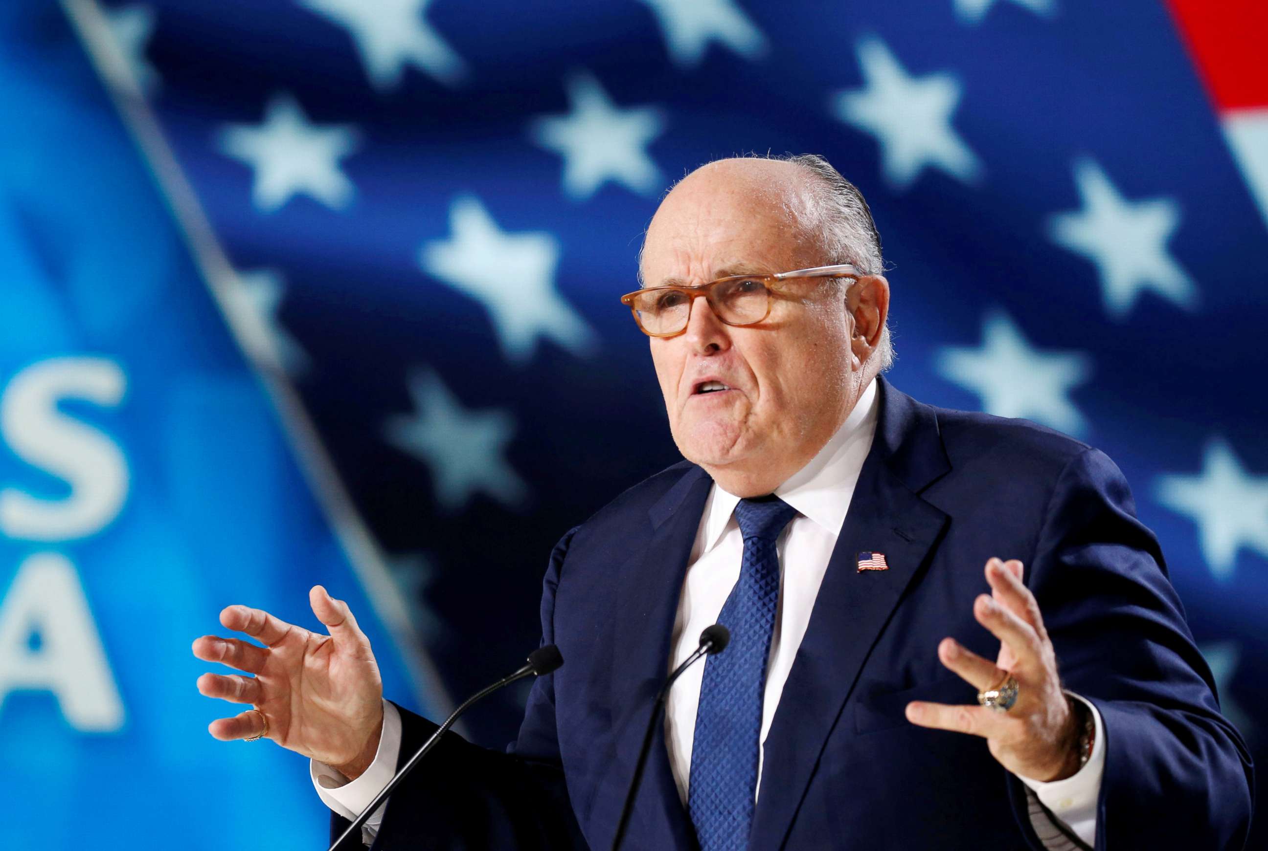 PHOTO: Rudy Giuliani, former Mayor of New York City, delivers his speech as he attends the National Council of Resistance of Iran (NCRI), meeting in Villepinte, France, June 30, 2018.