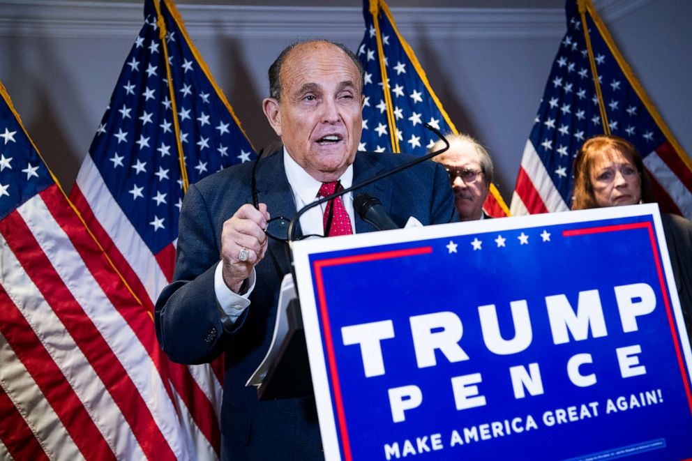 PHOTO: Rudolph Giuliani, attorney for President Donald Trump, conducts a news conference at the Republican National Committee on lawsuits regarding the outcome of the 2020 presidential election, Nov. 19, 2020.