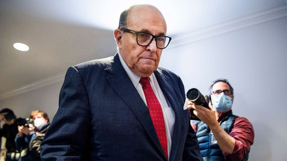 PHOTO: Rudolph Giuliani, attorney for President Donald Trump, arrives for a news conference at the Republican National Committee on lawsuits regarding the outcome of the 2020 presidential election in Washington, Nov. 19, 2020.