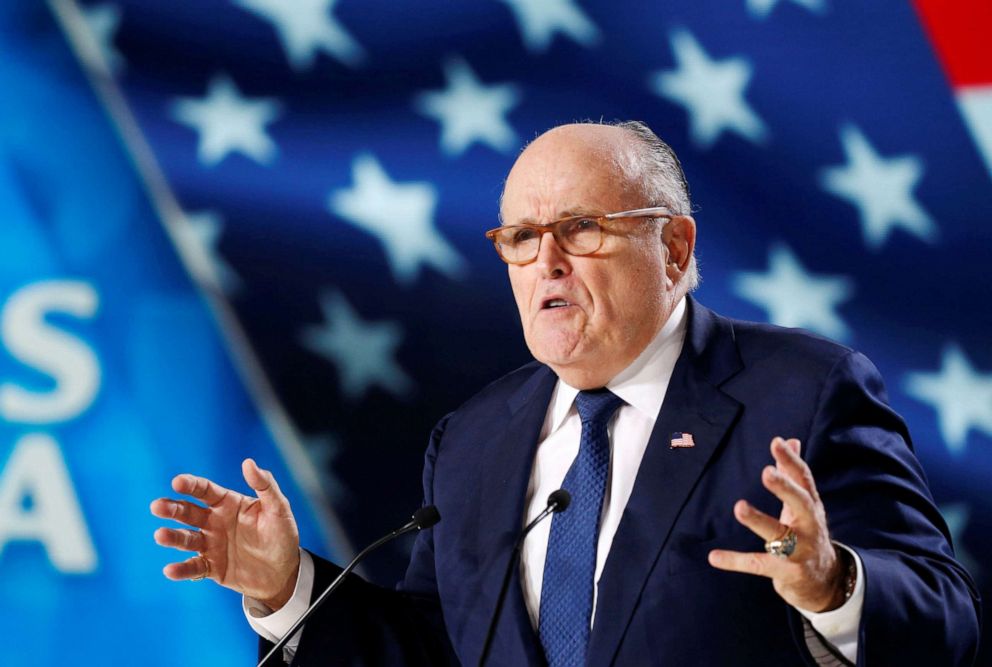 PHOTO: Rudy Giuliani, former Mayor of New York City, delivers his speech as he attends the National Council of Resistance of Iran (NCRI), meeting in Villepinte, near Paris, June 30, 2018.
