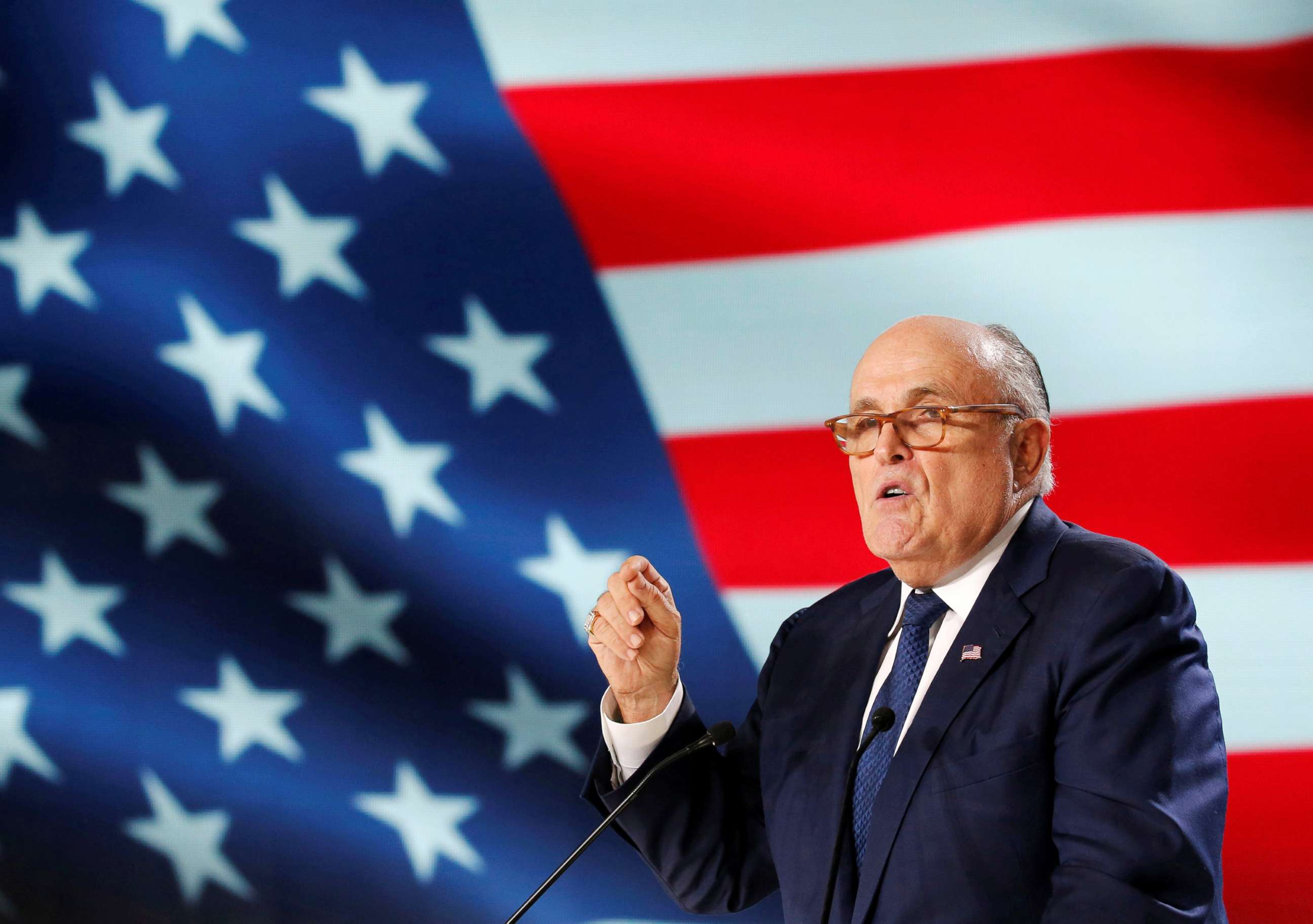 PHOTO: Rudy Giuliani delivers his speech as he attends the National Council of Resistance of Iran (NCRI) meeting in Villepinte, near Paris, France, June 30, 2018.