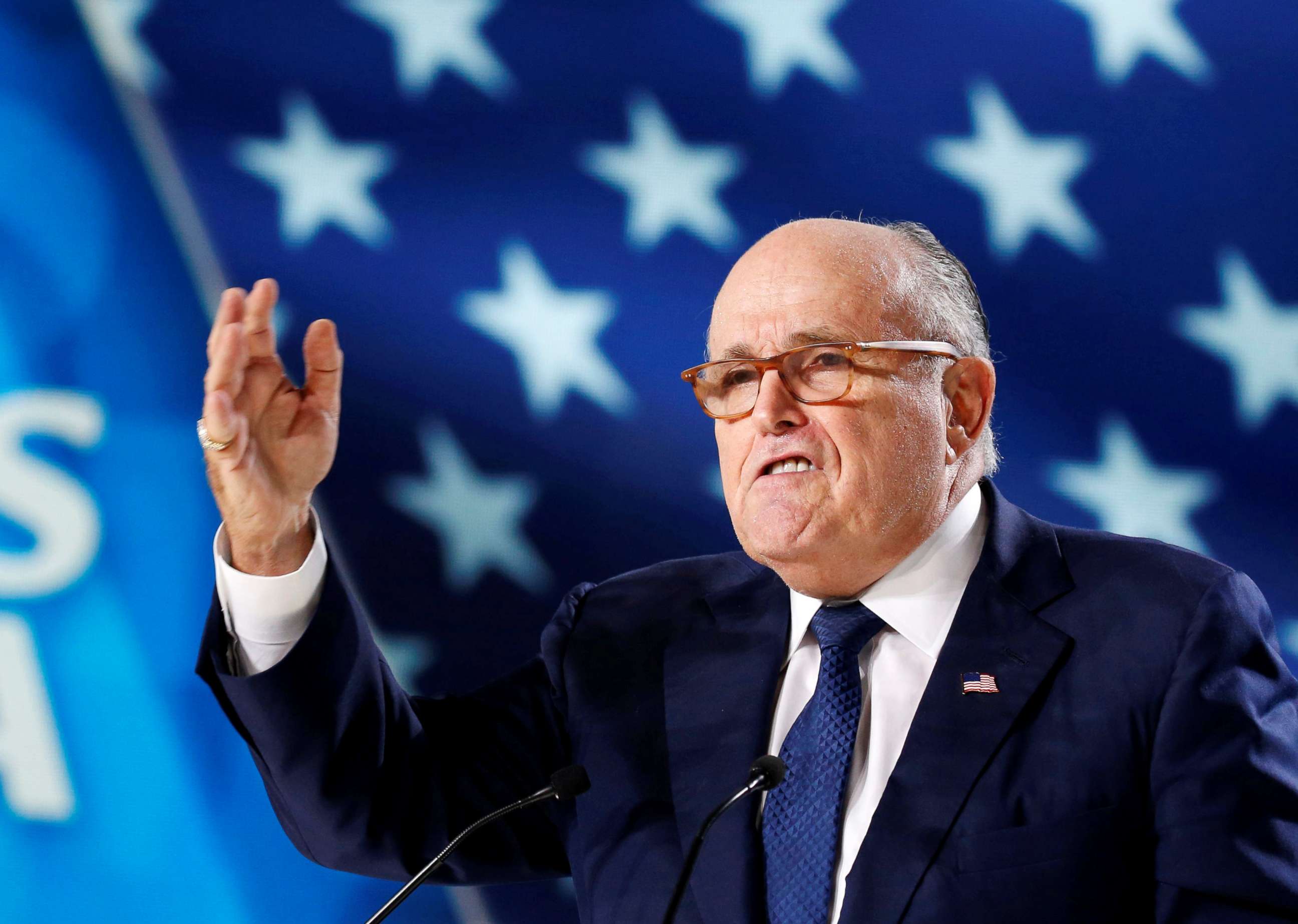 PHOTO: Rudy Giuliani, former Mayor of New York City, delivers a speech as he attends the National Council of Resistance of Iran, meeting in Villepinte, near Paris, France, June 30, 2018.