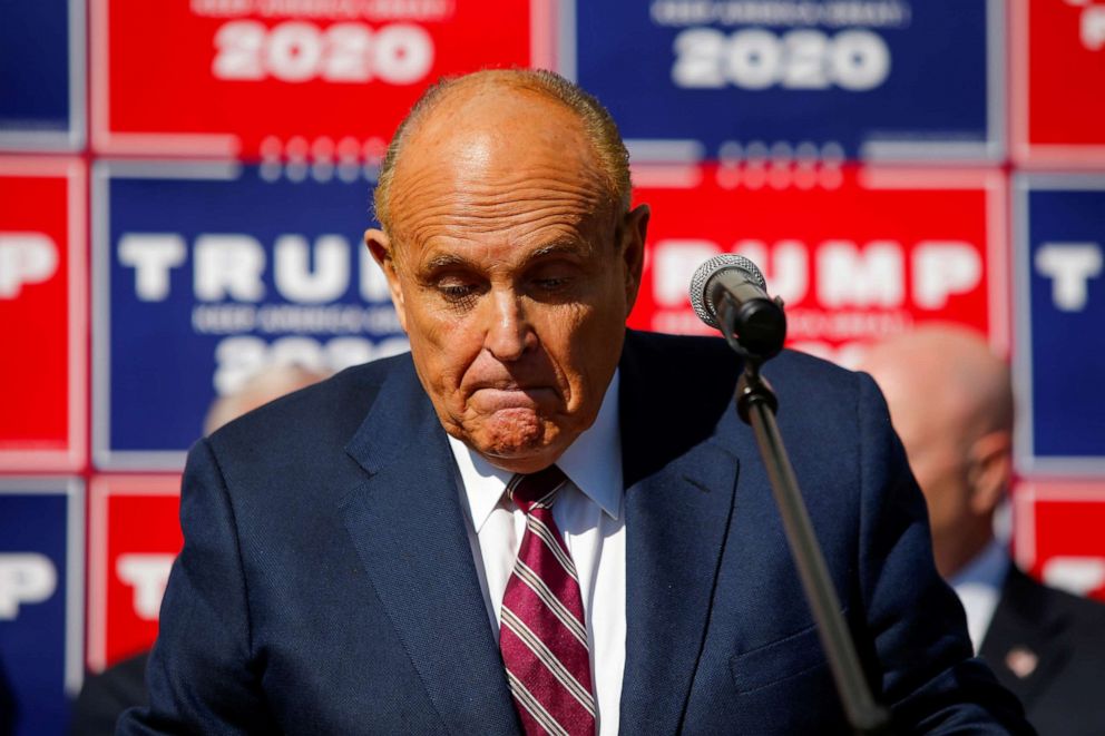 PHOTO:Former New York City Mayor Rudy Giuliani, personal attorney to U.S. President Donald Trump, speaks after media announced that Joe Biden has won the 2020  presidential election, in Philadelphia, Nov. 7, 2020.