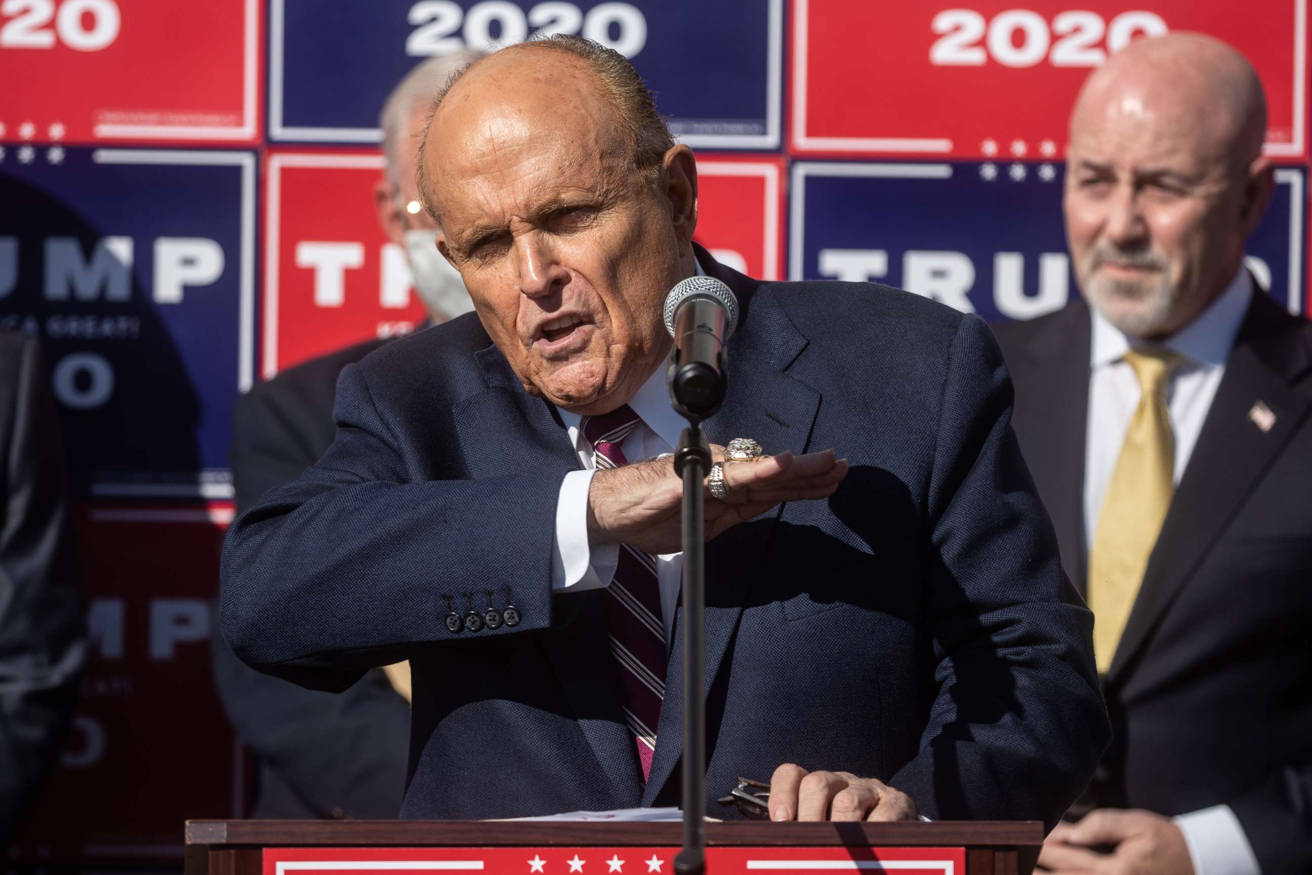 PHOTO: Rudy Giuliani, the personal attorney for the president, speaks to the media at a press conference held in the back parking lot of landscaping company on Nov. 7, 2020, in Philadelphia.